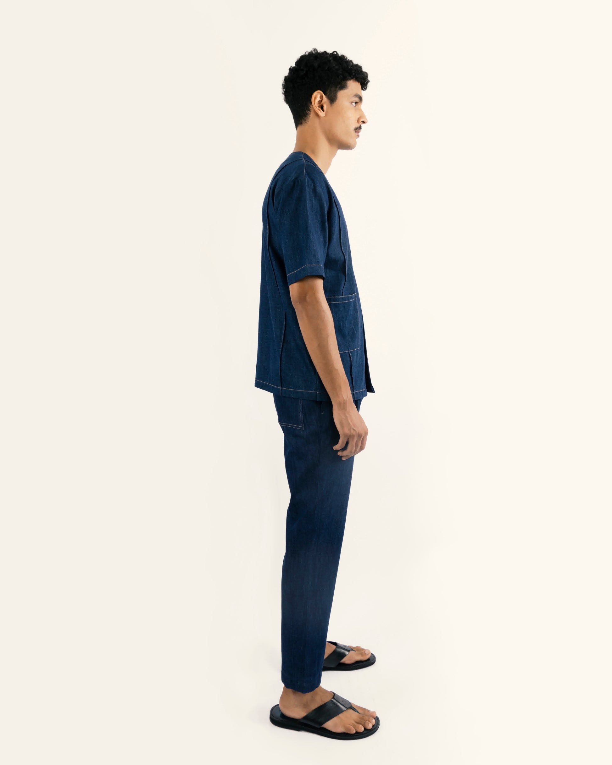 sustainable denim, eco-friendly clothing, dark blue pants for men