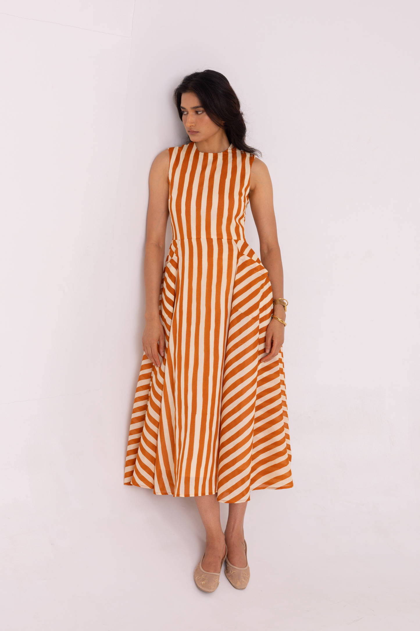 Valentino Rust Striped Midi Dress