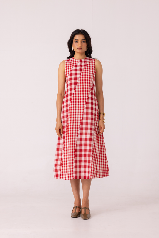 Waltz Red Checkered Handwoven Dress