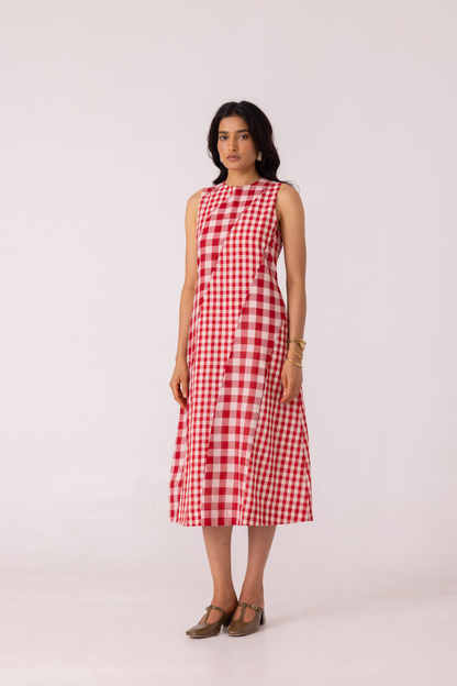 Waltz Red Checkered Handwoven Dress