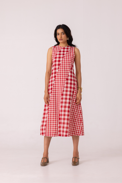 Waltz Red Checkered Handwoven Dress