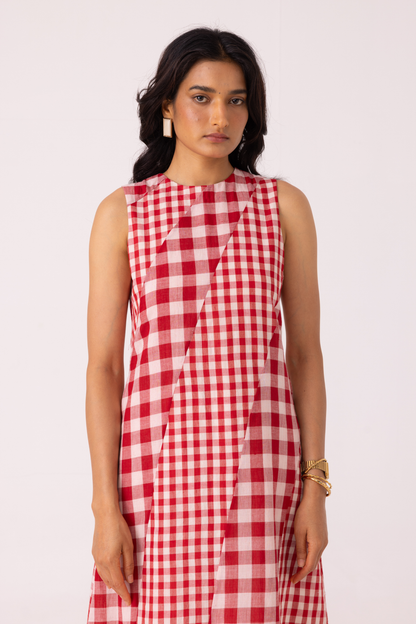 Waltz Red Checkered Handwoven Dress