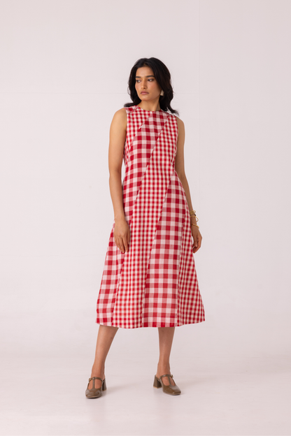 Waltz Red Checkered Handwoven Dress