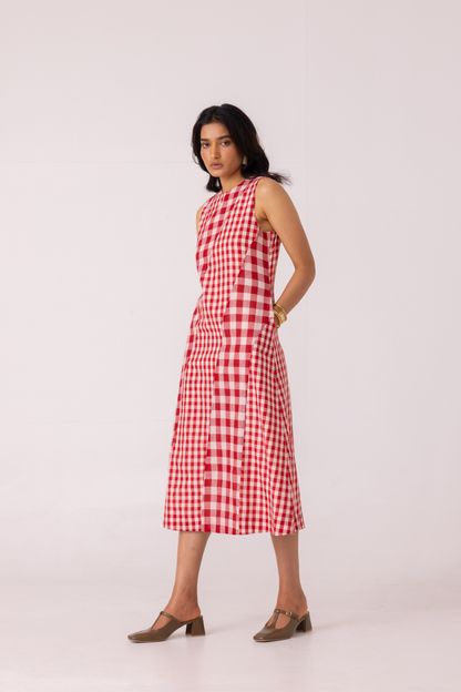 Waltz Red Checkered Handwoven Dress