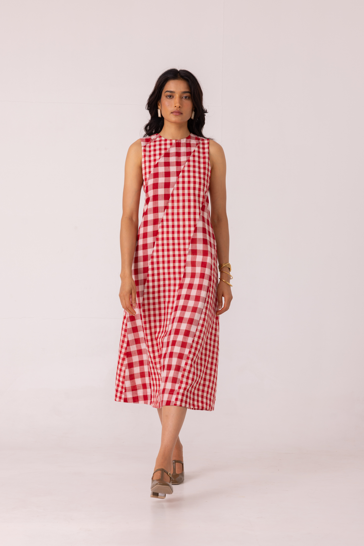 Waltz Red Checkered Handwoven Dress