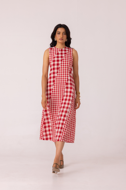 Waltz Red Checkered Handwoven Dress