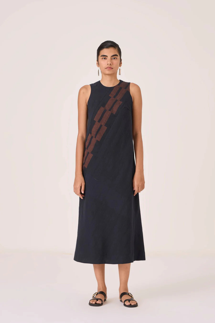 Anura Black Handwoven Sleeveless Midi Dress