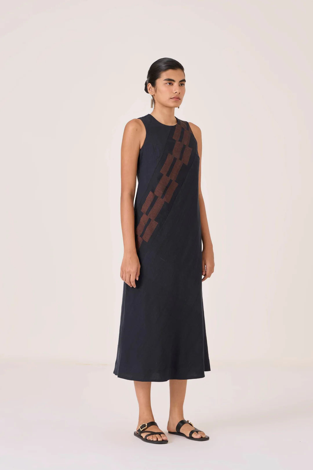 Anura Black Handwoven Sleeveless Midi Dress