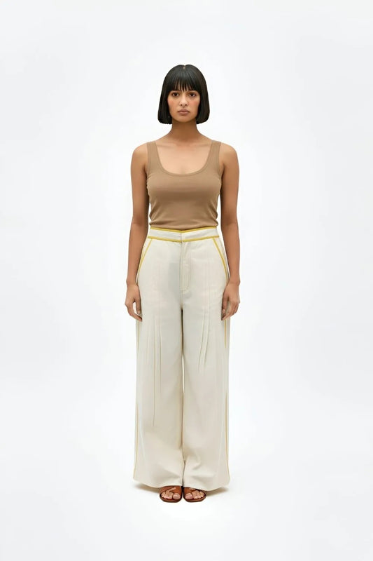 Ivory-Mango Yellow Pintucks Pants