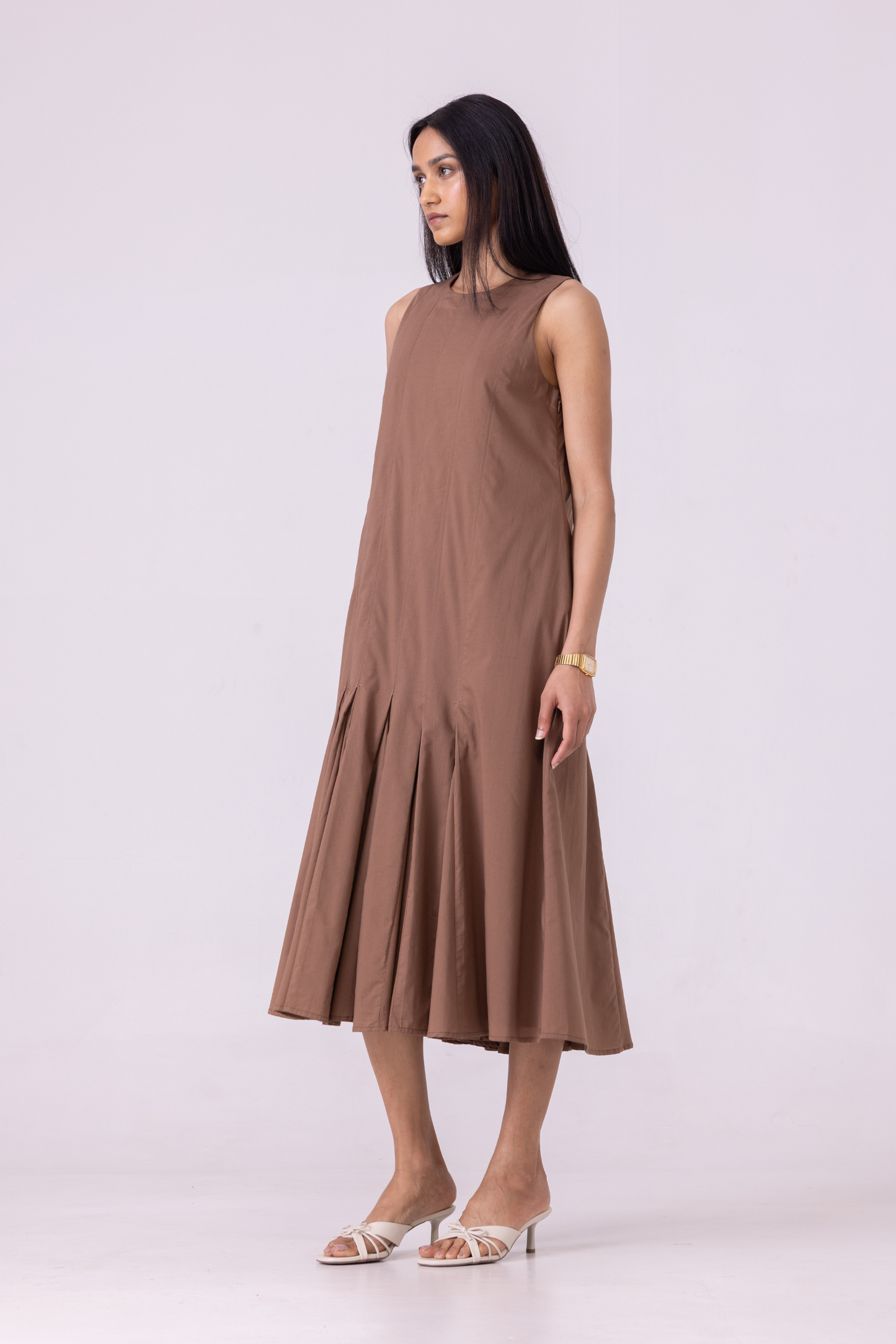 Arwen Brown Pleated Midi Dress