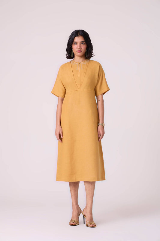 Yarina Yellow Linen Embroidered Dress