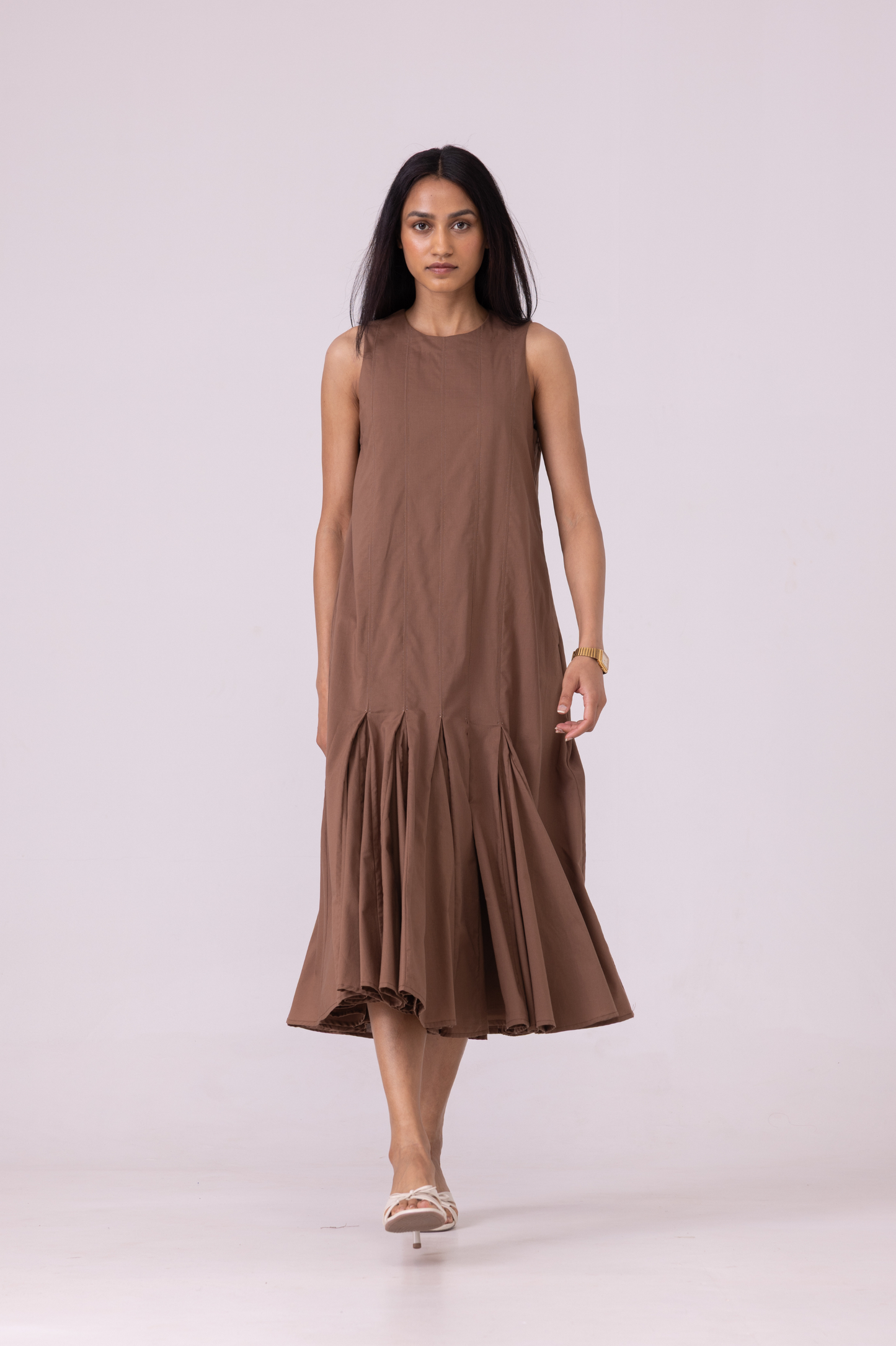 Arwen Brown Pleated Midi Dress