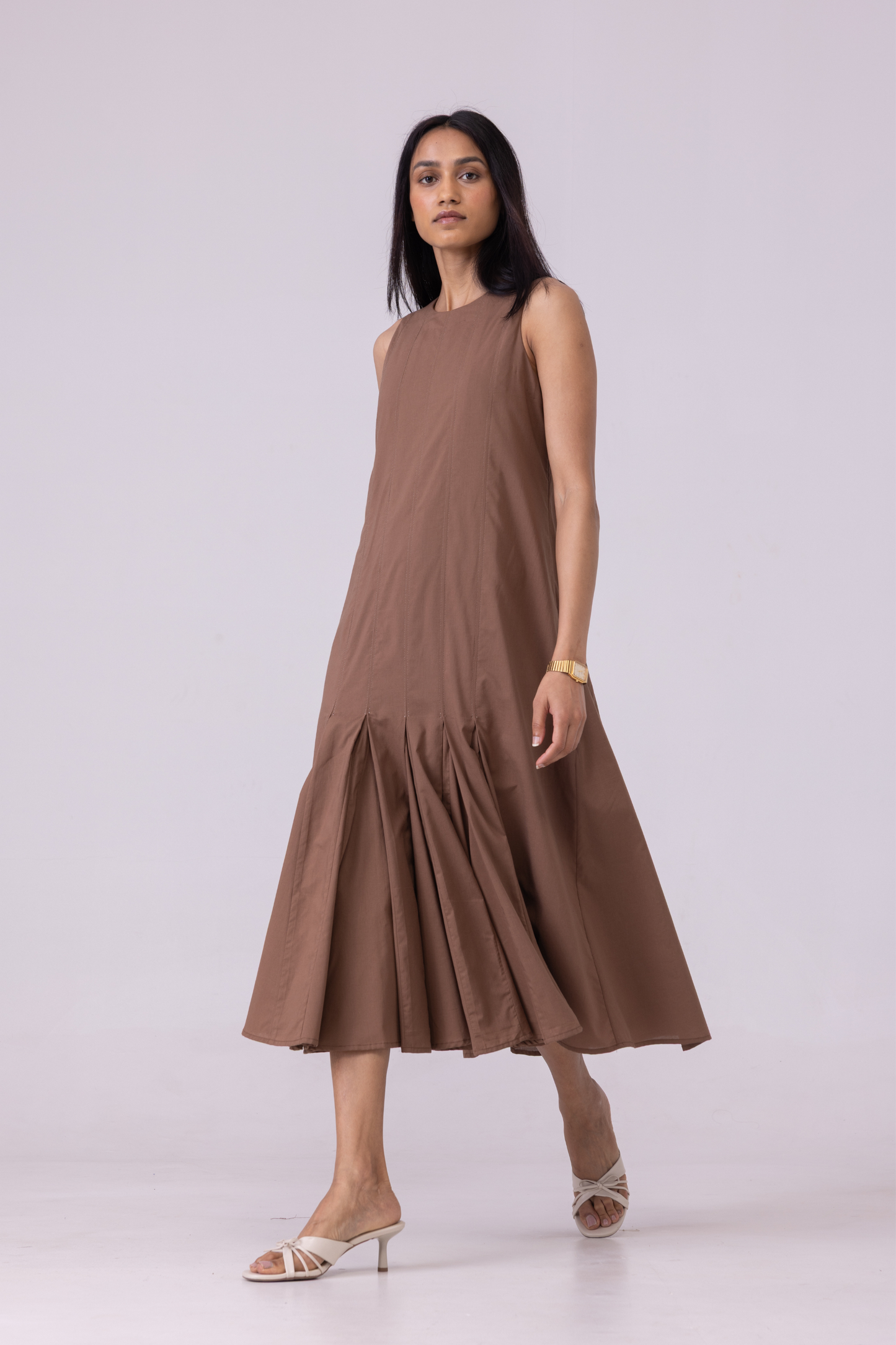 Arwen Brown Pleated Midi Dress