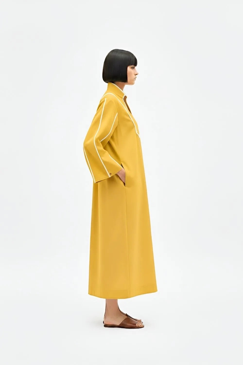 Ivory-Mango Yellow Collared Stripe Dress
