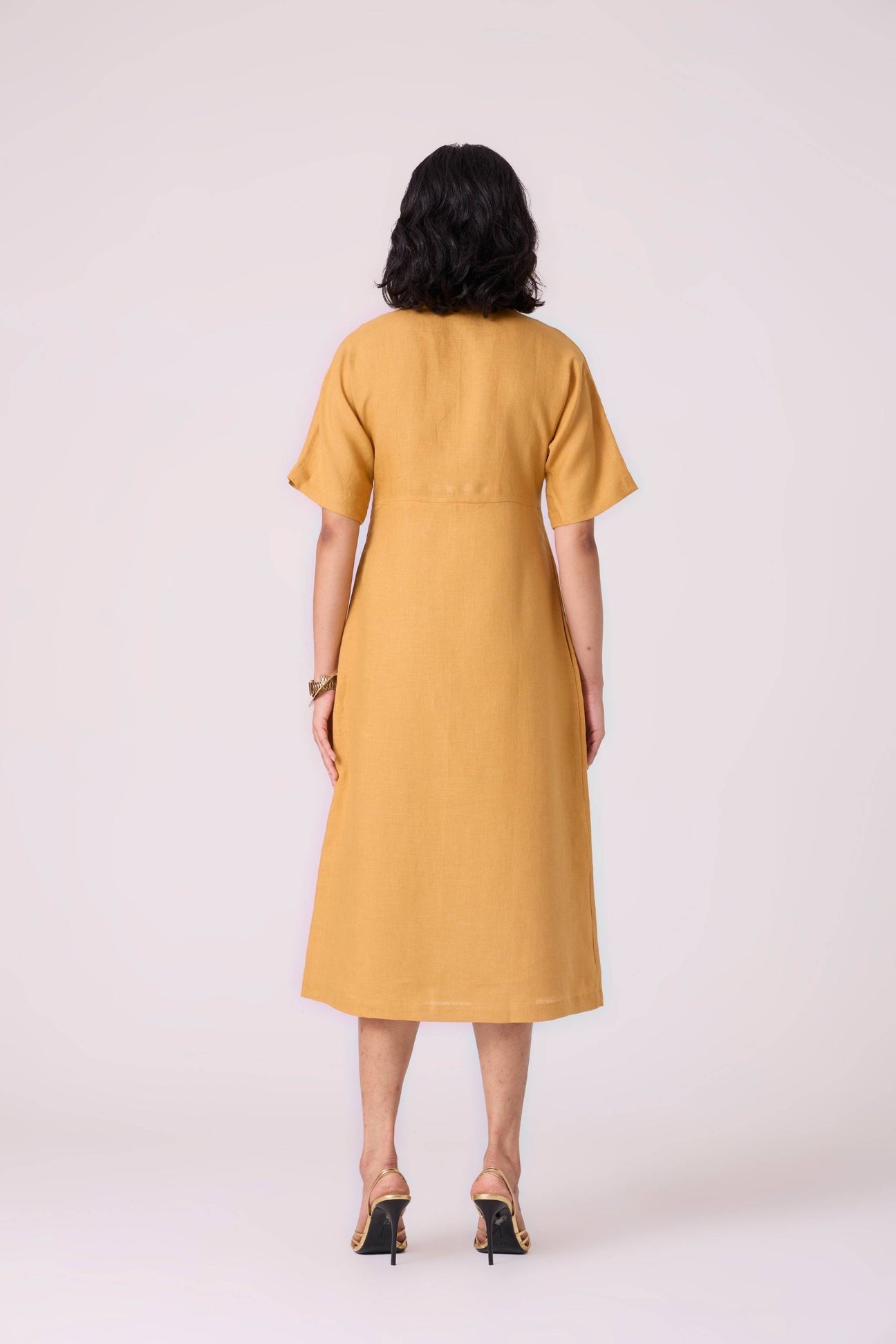 Yarina Yellow Linen Embroidered Dress