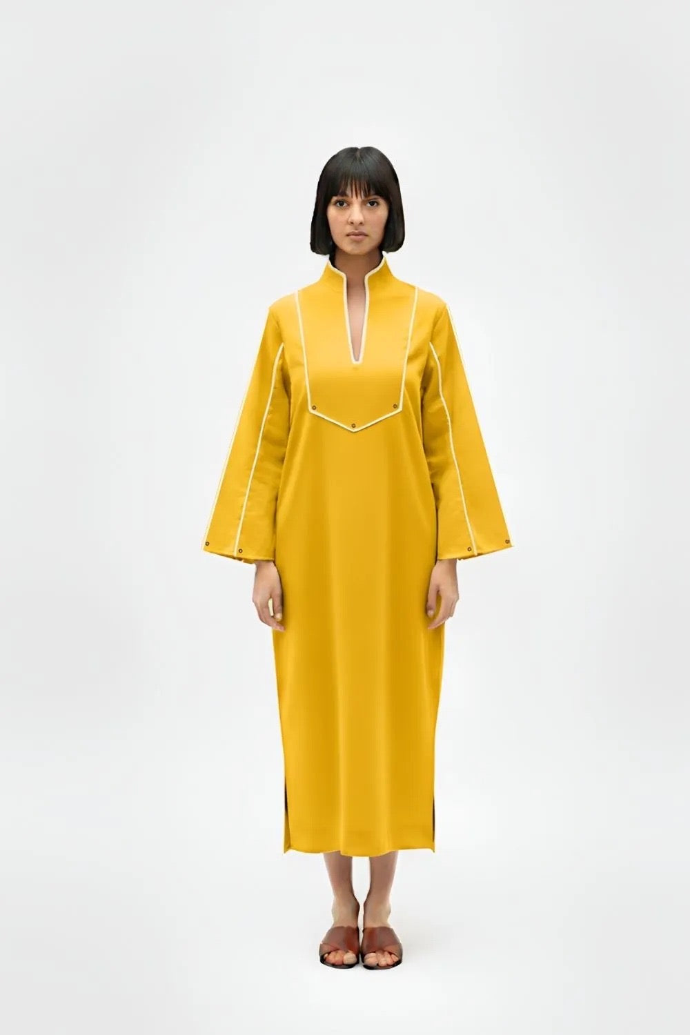 Ivory-Mango Yellow Collared Stripe Dress
