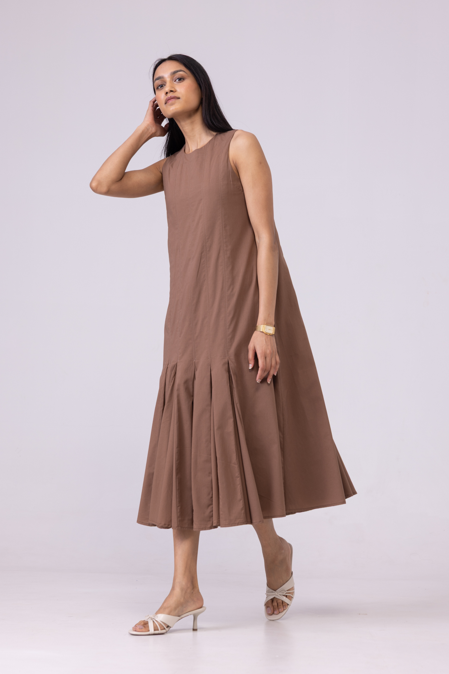 Arwen Brown Pleated Midi Dress