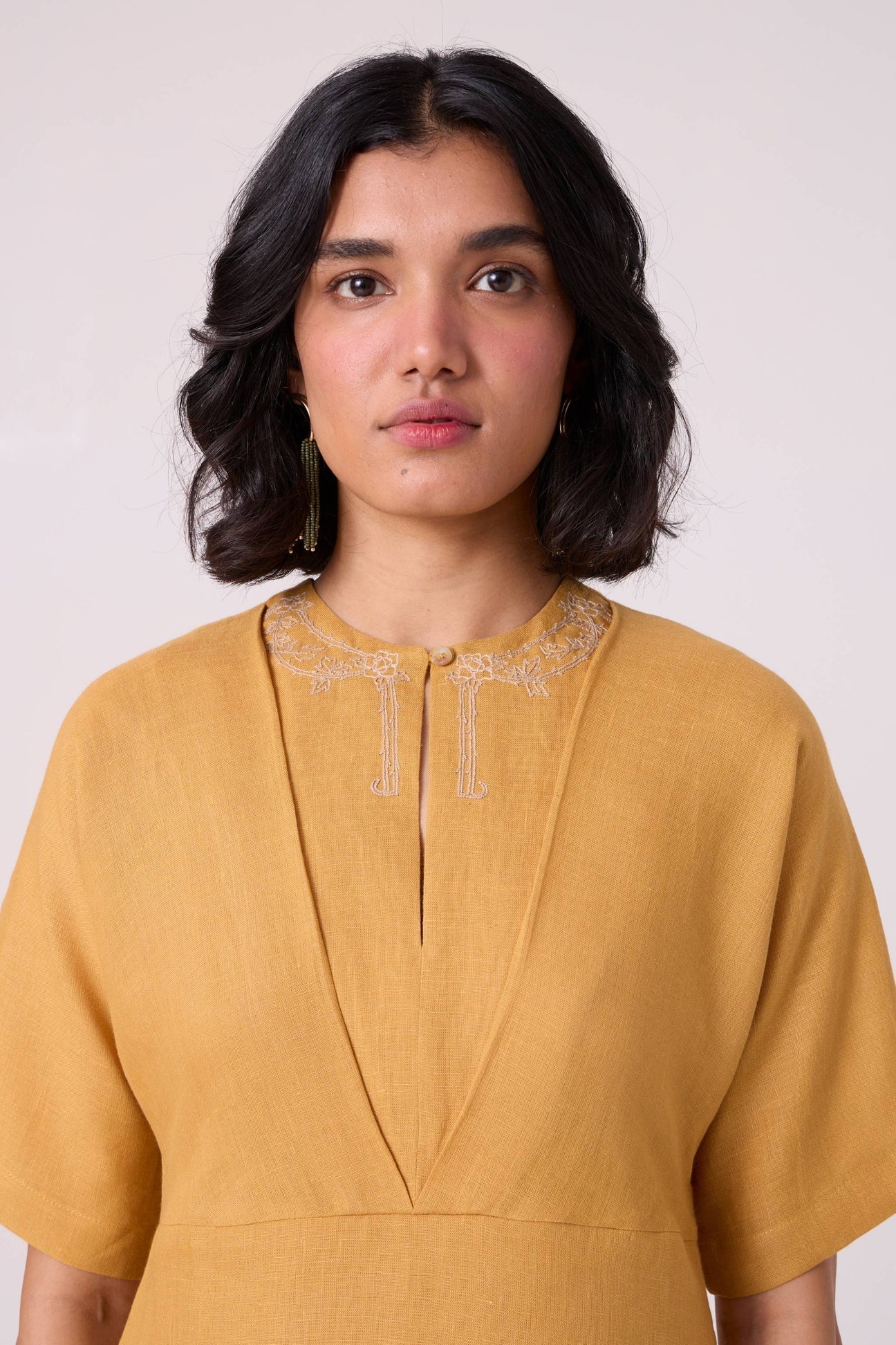 Yarina Yellow Linen Embroidered Dress