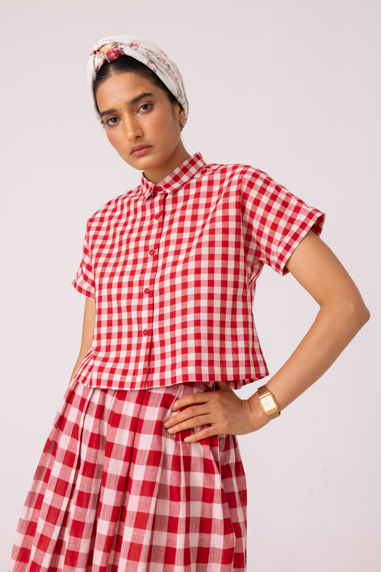 Emily Red Checkered Handwoven Top