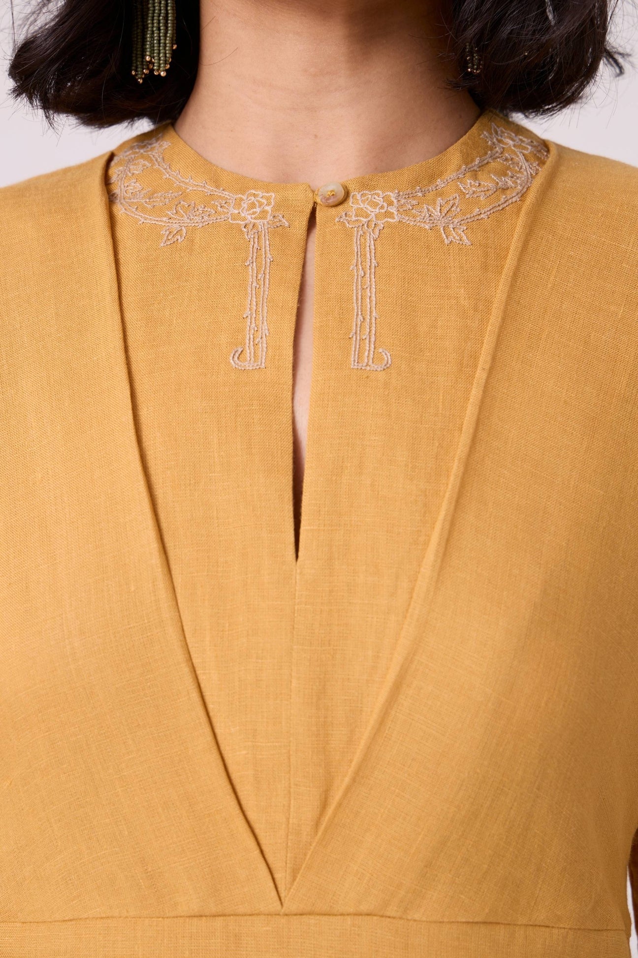 Yarina Yellow Linen Embroidered Dress
