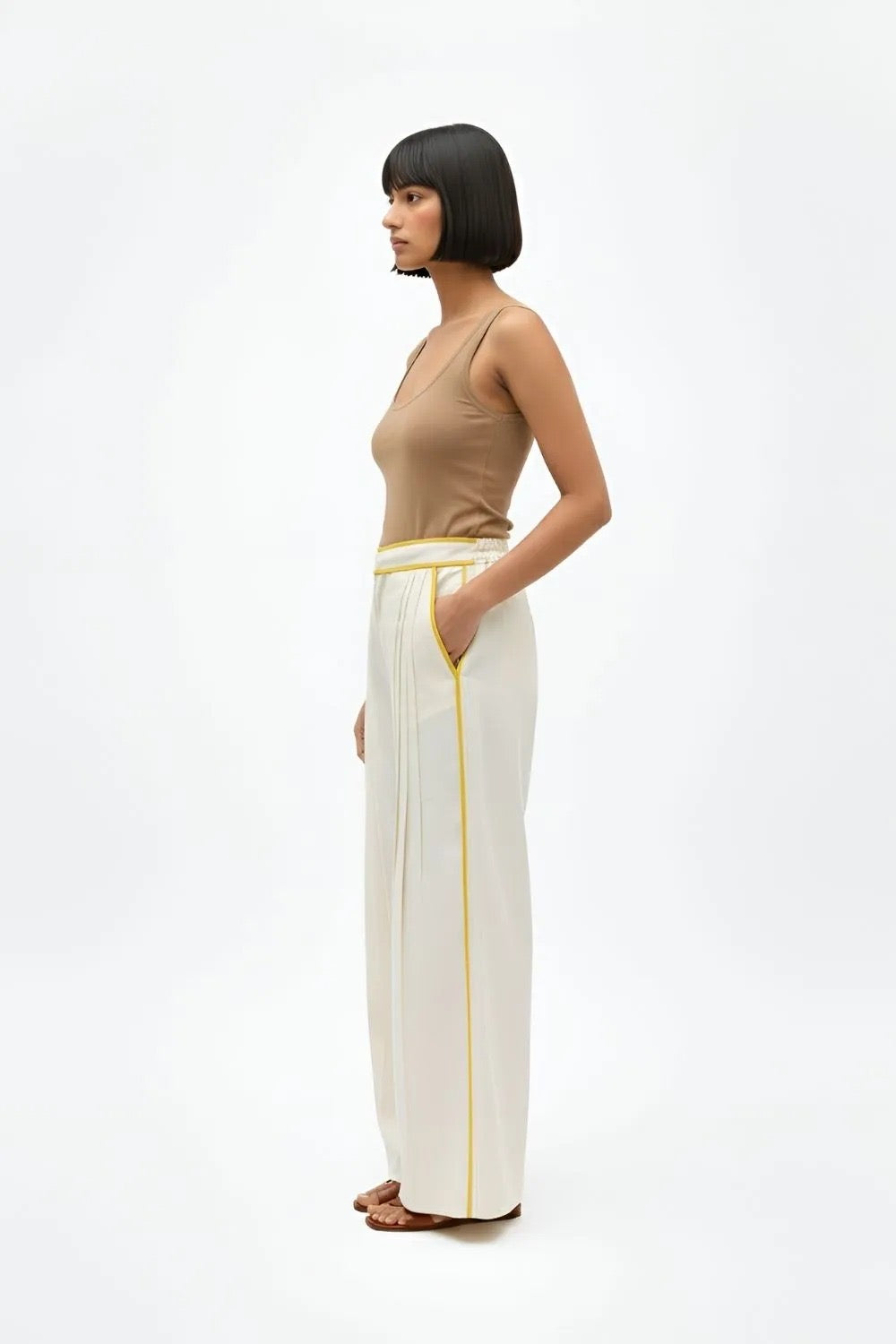 Ivory-Mango Yellow Pintucks Pants