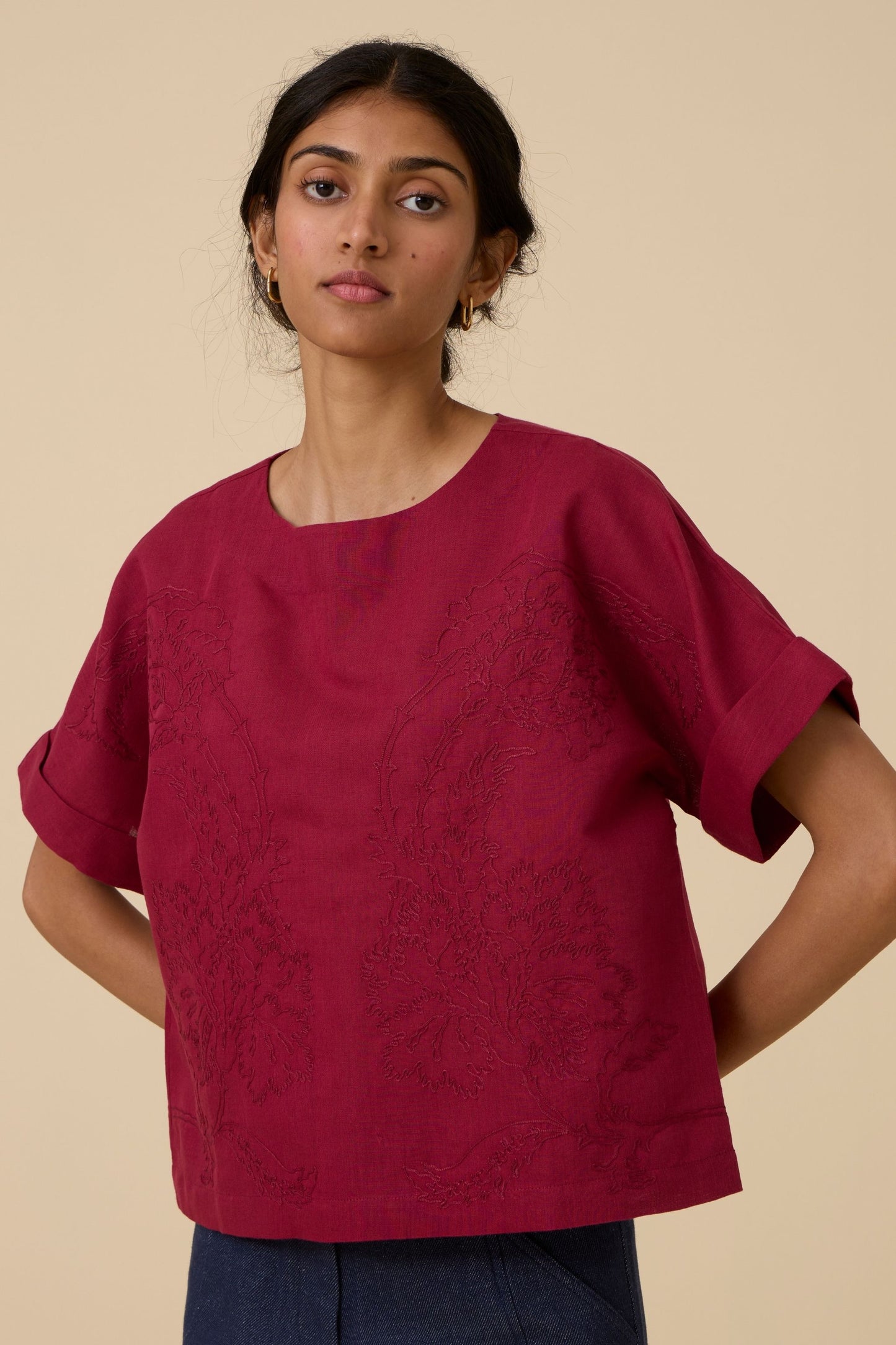 Affan Cherry Embroidered Top