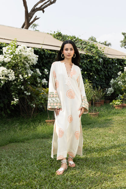Kaftan with Front Tie-Up & Embroidered Sleeves