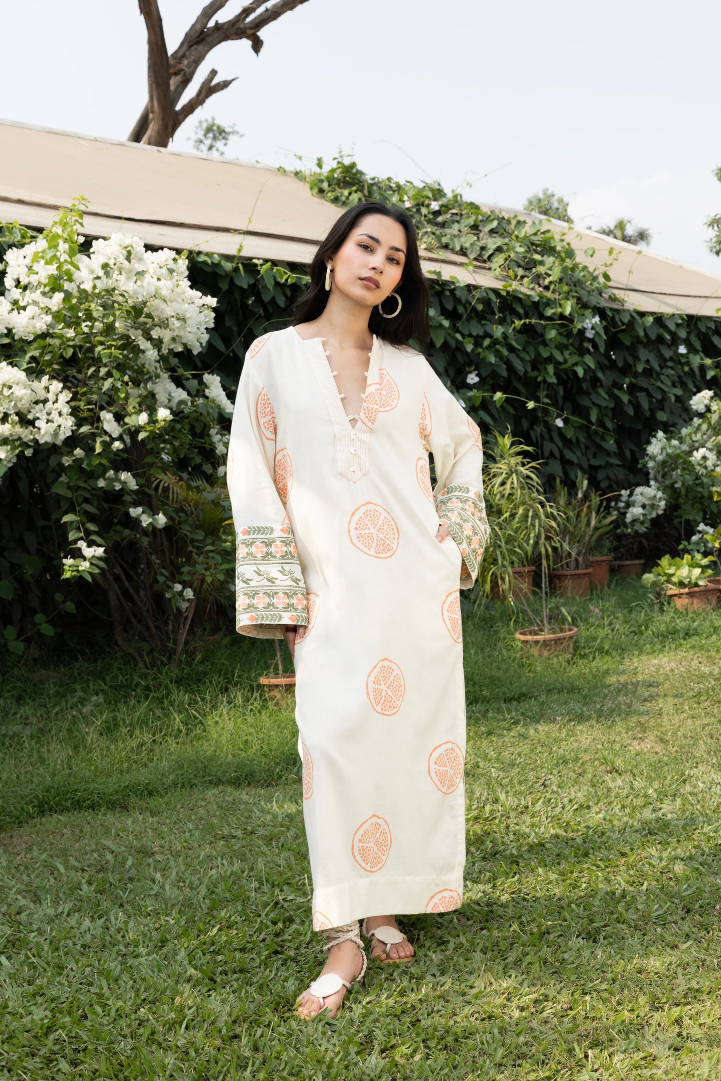 Kaftan with Front Tie-Up & Embroidered Sleeves