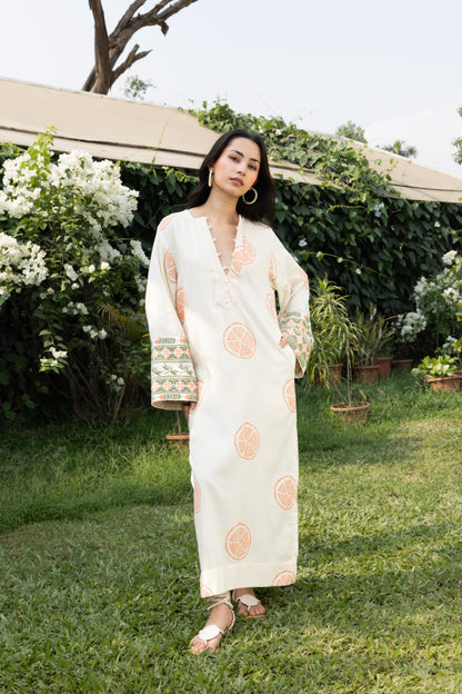 Kaftan with Front Tie-Up & Embroidered Sleeves