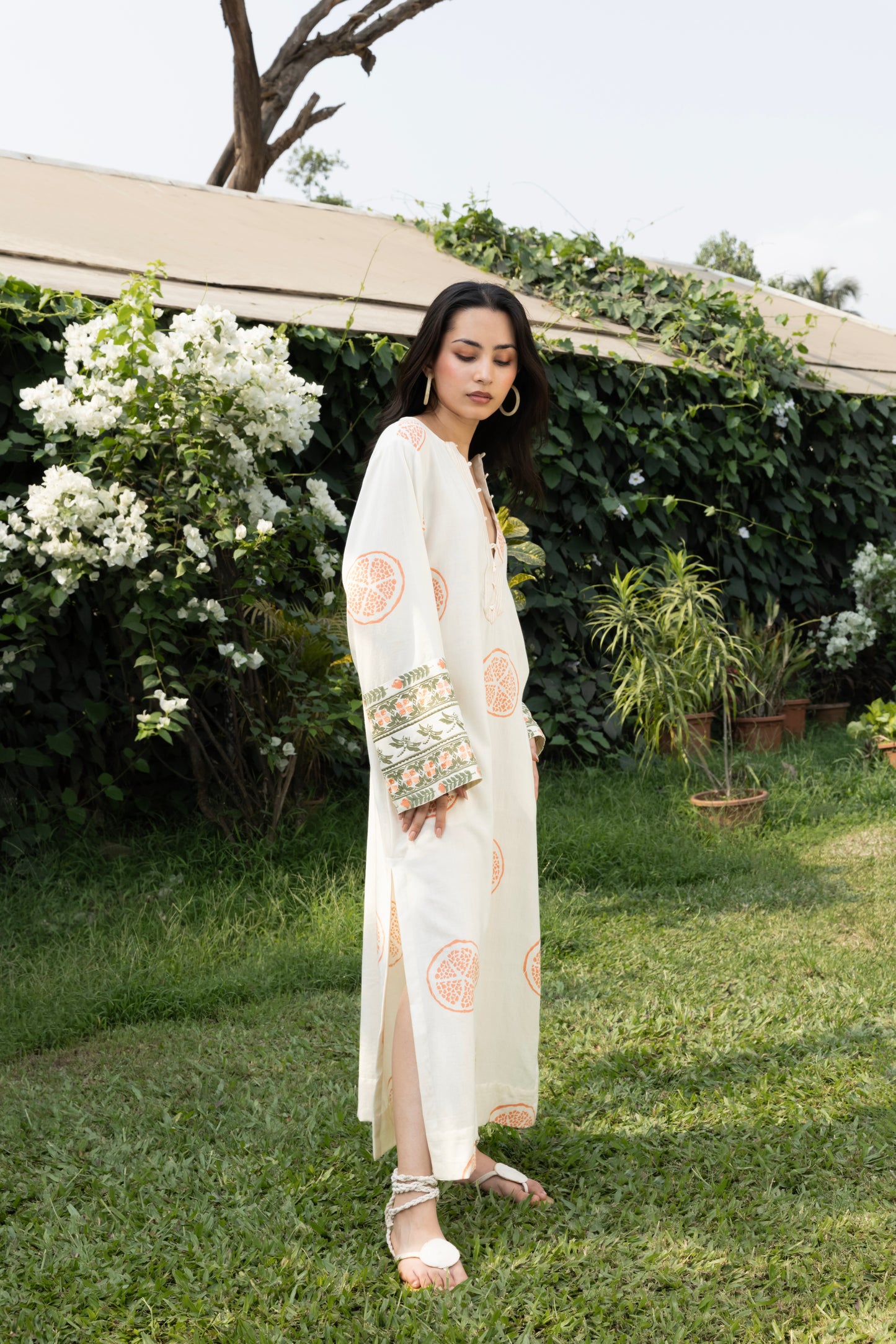 Kaftan with Front Tie-Up & Embroidered Sleeves