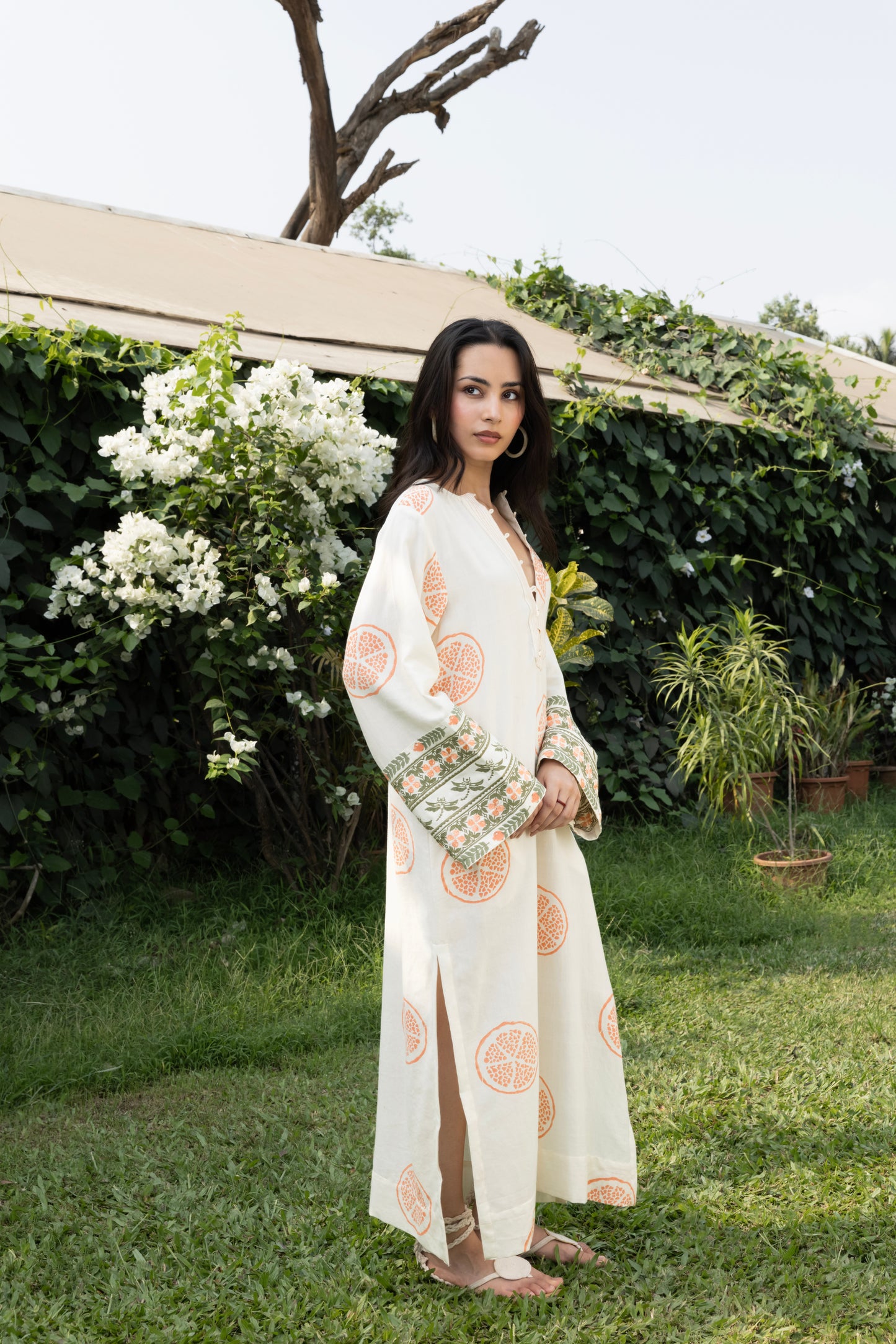 Kaftan with Front Tie-Up & Embroidered Sleeves