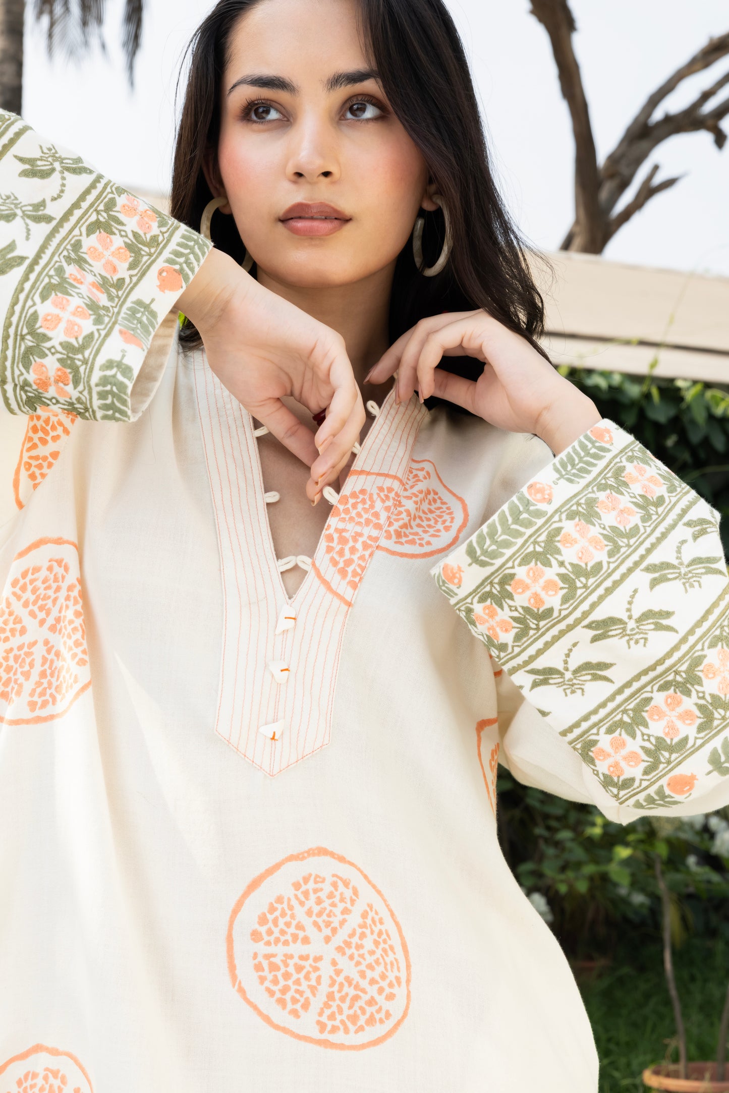 Kaftan with Front Tie-Up & Embroidered Sleeves