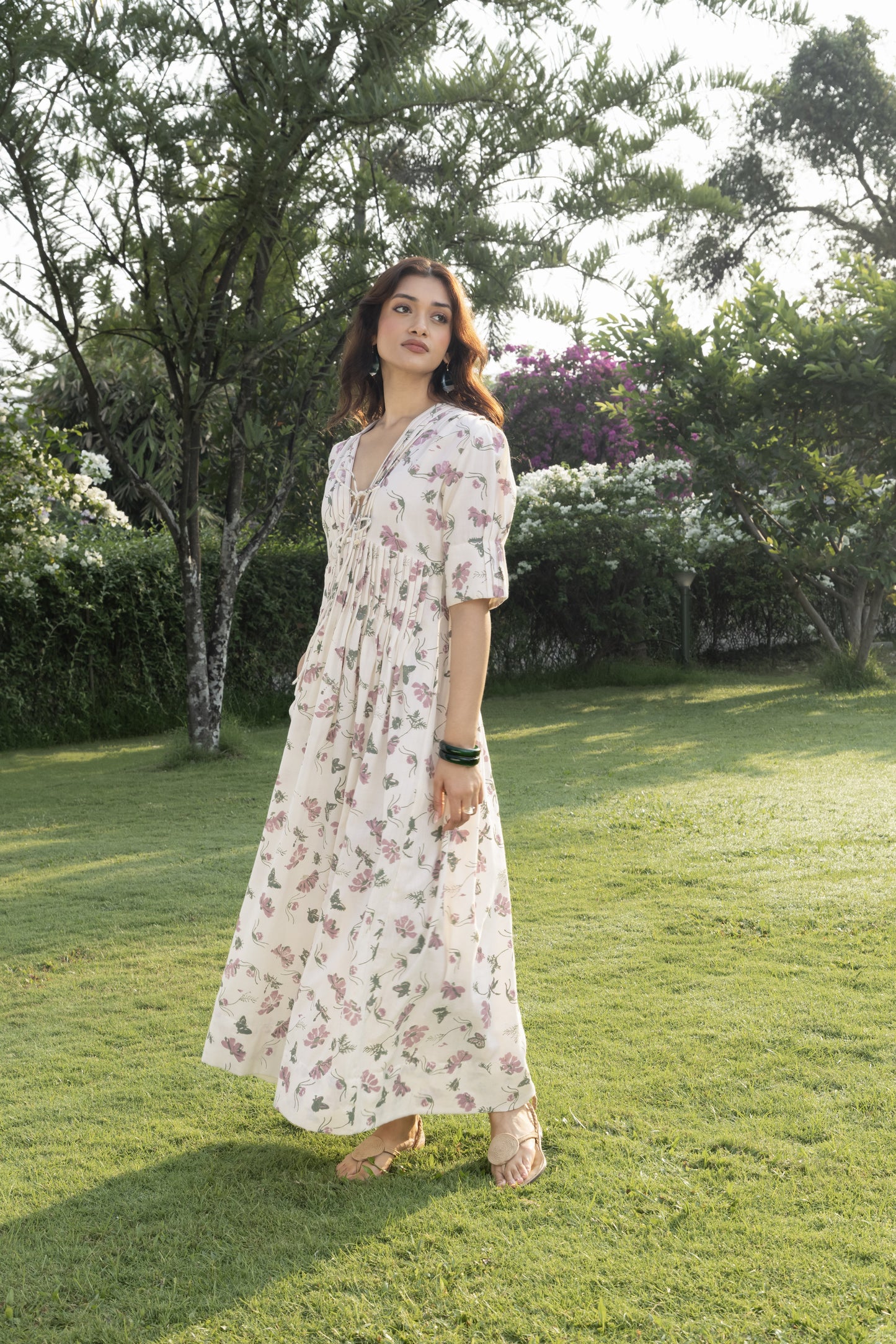 V-Neck Pleated Maxi Dress with Embroidery