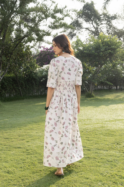 V-Neck Pleated Maxi Dress with Embroidery
