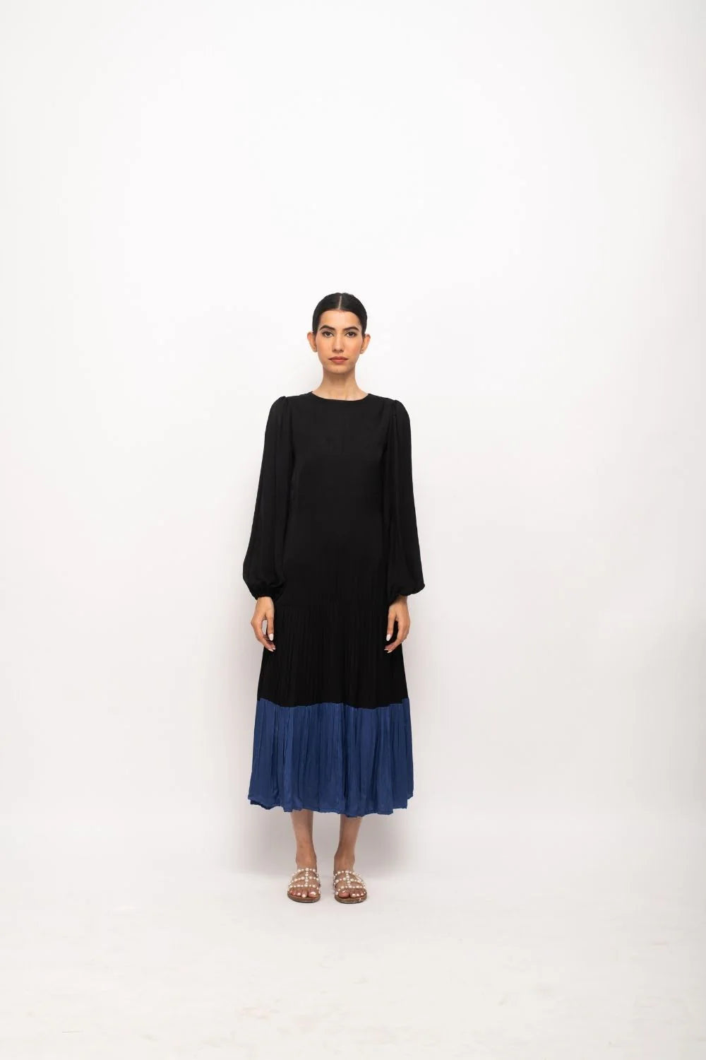 Black-Blue Gather Maxi Dress