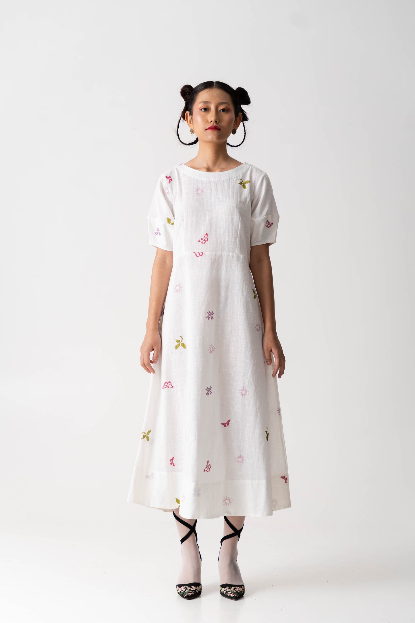 Garden bloom dress, Color Ivory White, Hand-block printed dress, Handwoven Cotton fabric.