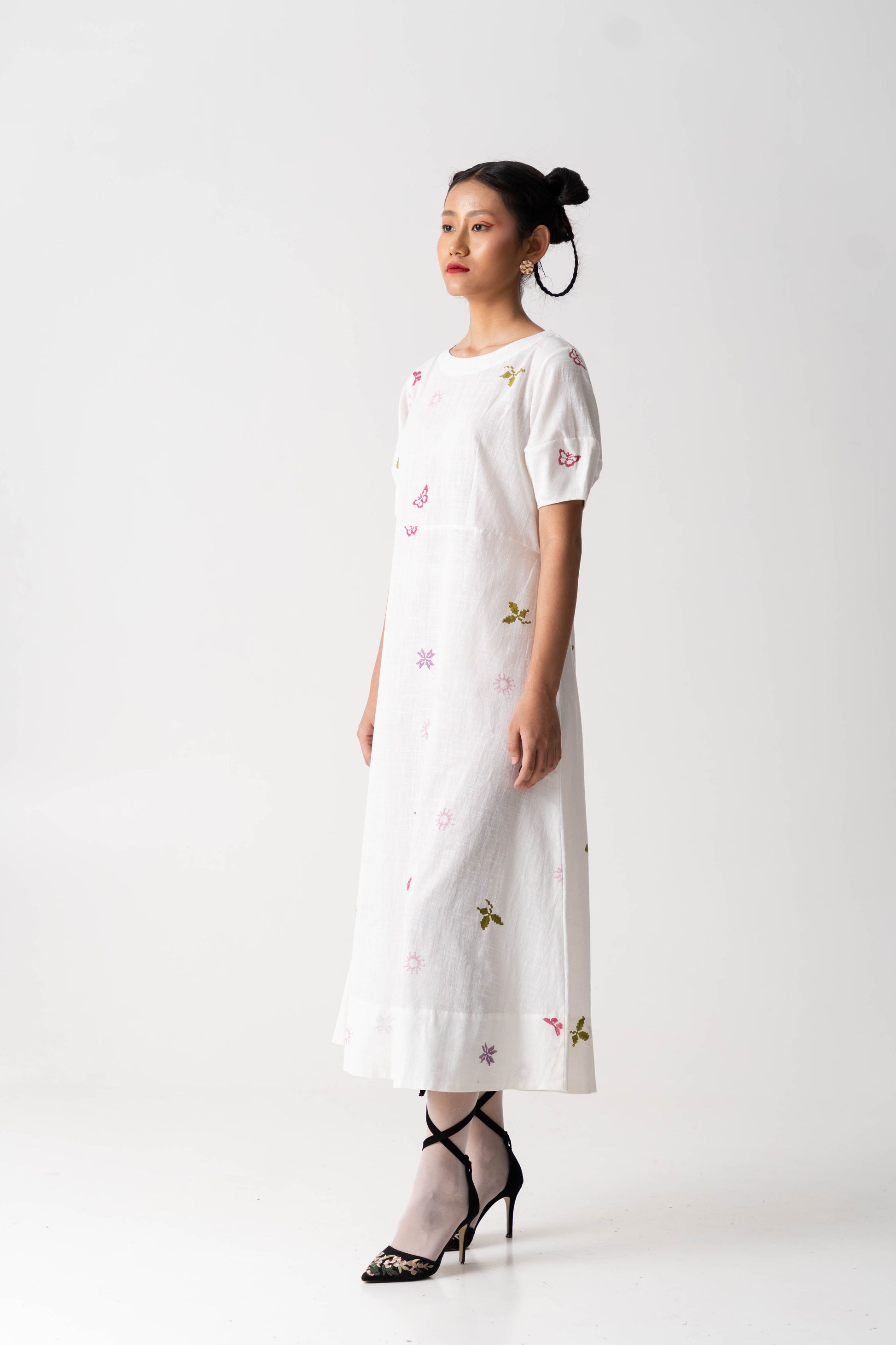 Garden bloom dress, Color Ivory White, Hand-block printed dress, Handwoven Cotton fabric.