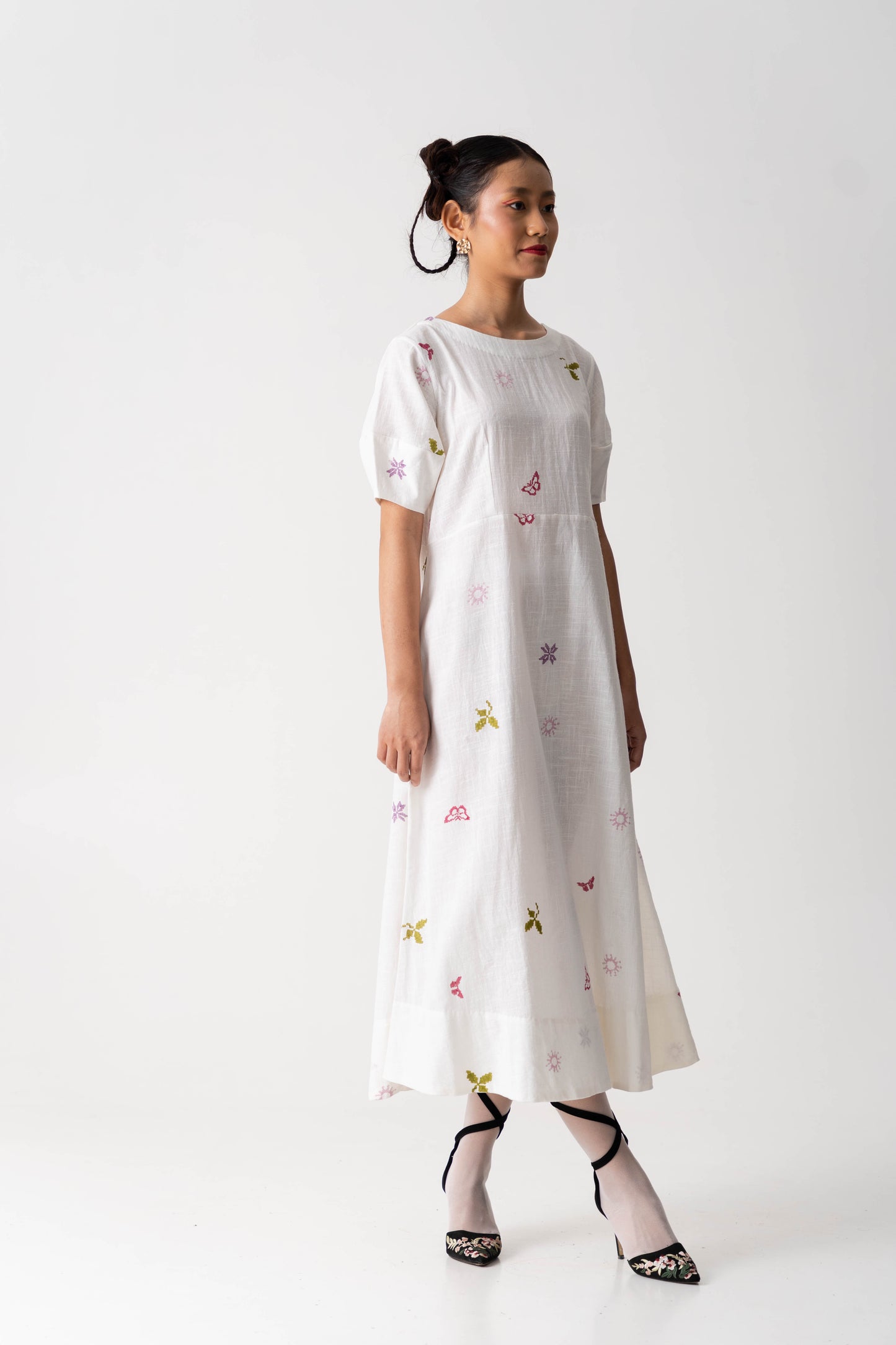 Garden bloom dress, Color Ivory White, Hand-block printed dress, Handwoven Cotton fabric.