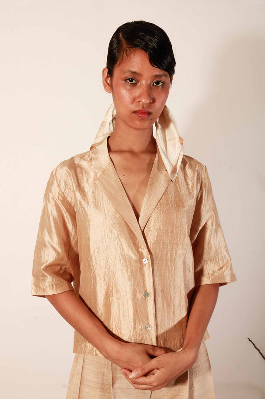 Tea dyed Bronze-beige relaxed fit Mulberry silk notch collar shirt top for women.