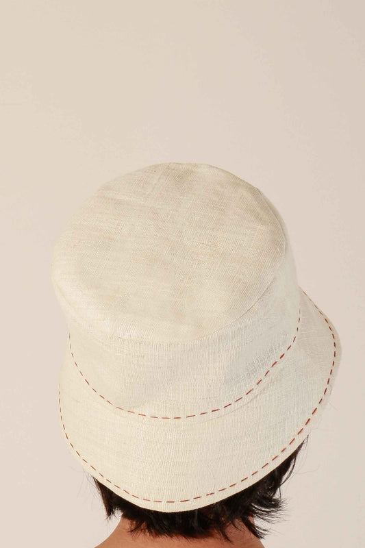 Eri Silk unisex Bucket Hat, Handspun and handwoven Eri Silk with embroidery stitch detail.