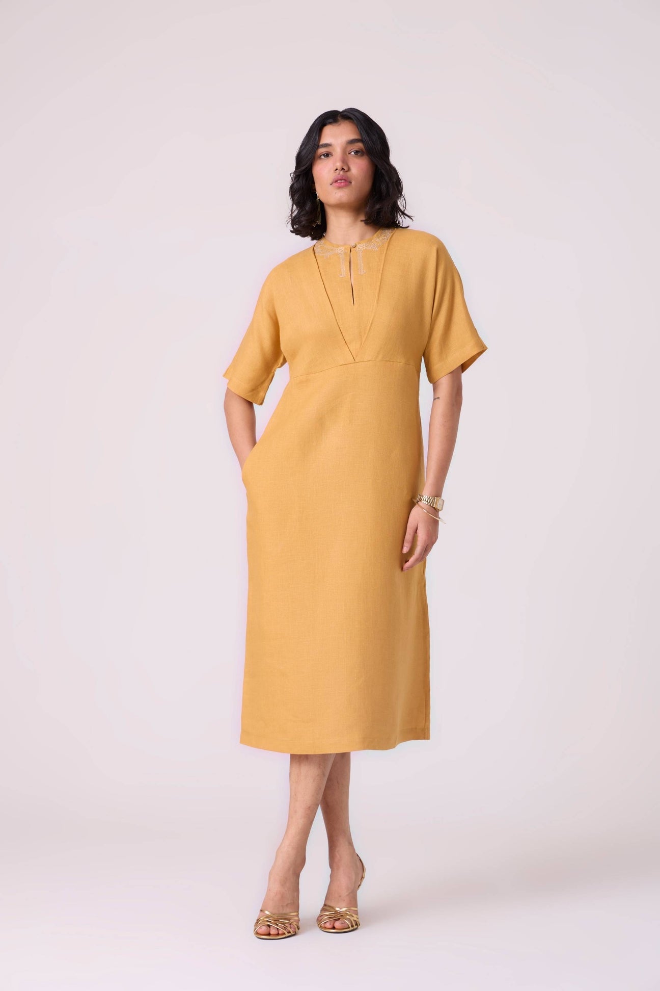 Yarina Yellow Linen Embroidered Dress