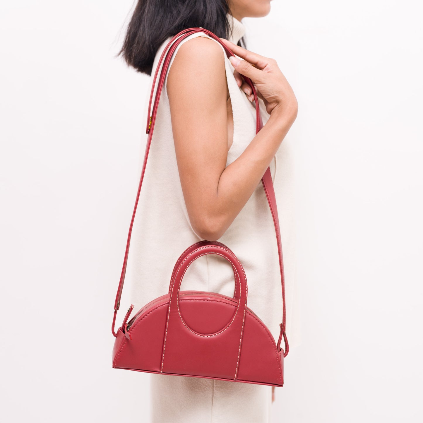 Half moon beige bag for women made with conscious and vegan leather.