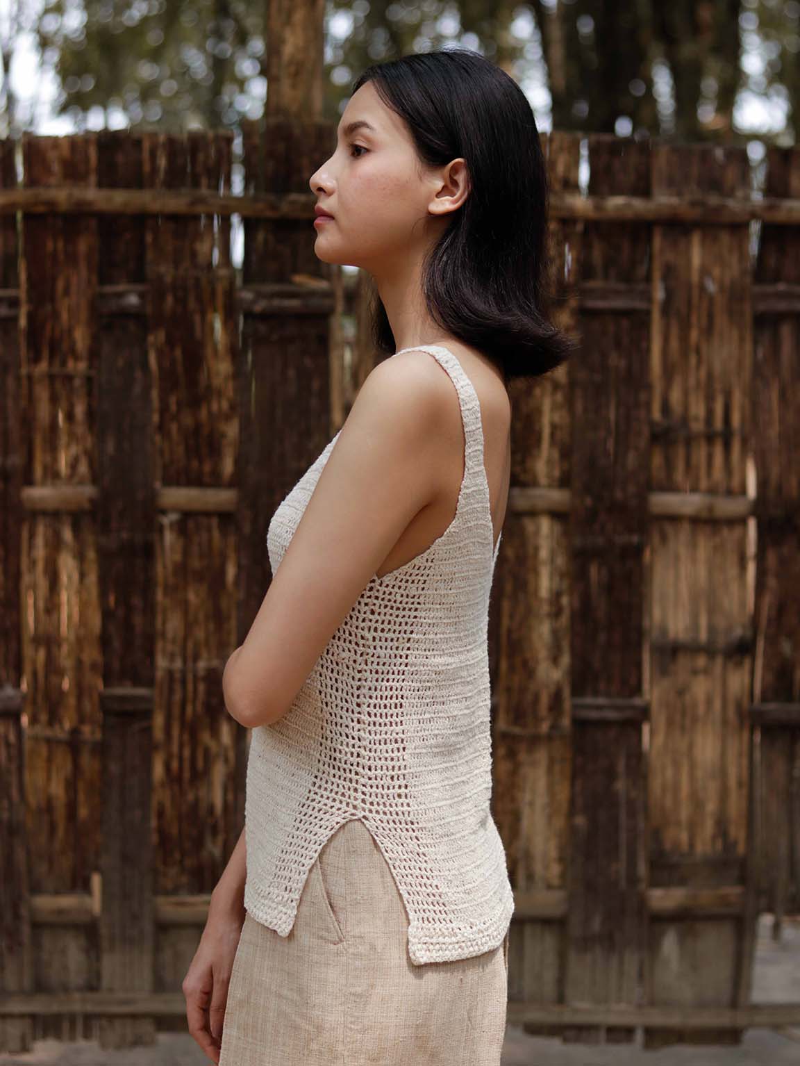 Hand-crochet Eri Silk off white top for women v-neck, with side slit details, Extremely soft and fits well, Hand crochet with hand-spun Eri Silk yarn.