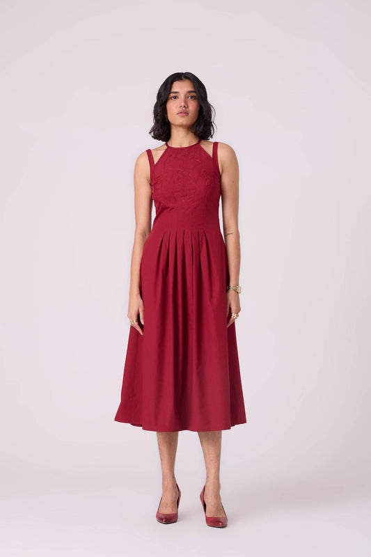Ellaria Red Midi Embroidered Dess