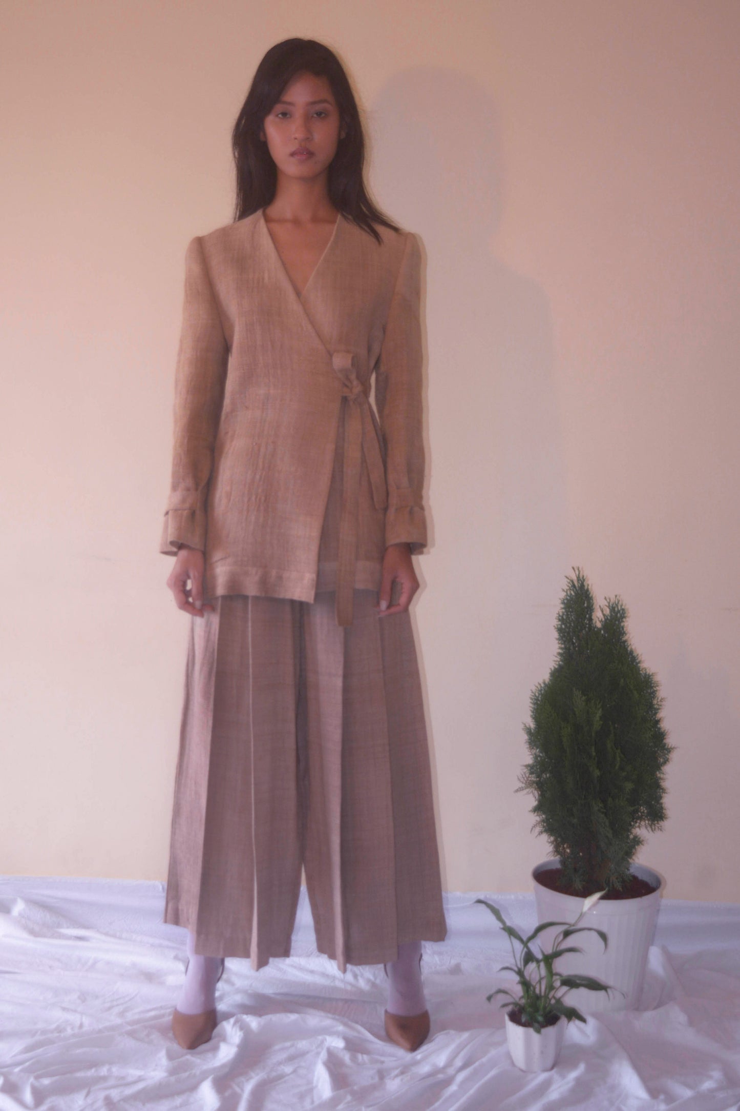 Tea dyed Handwoven Eri Silk Jacket with wrap-over tie-up detail