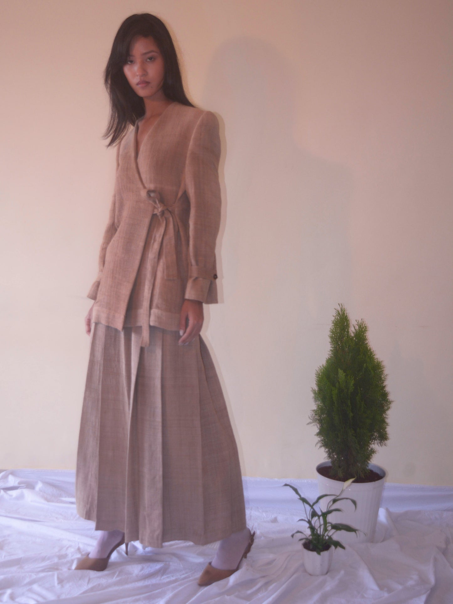 Tea dyed Handwoven Eri Silk Jacket with wrap-over tie-up detail