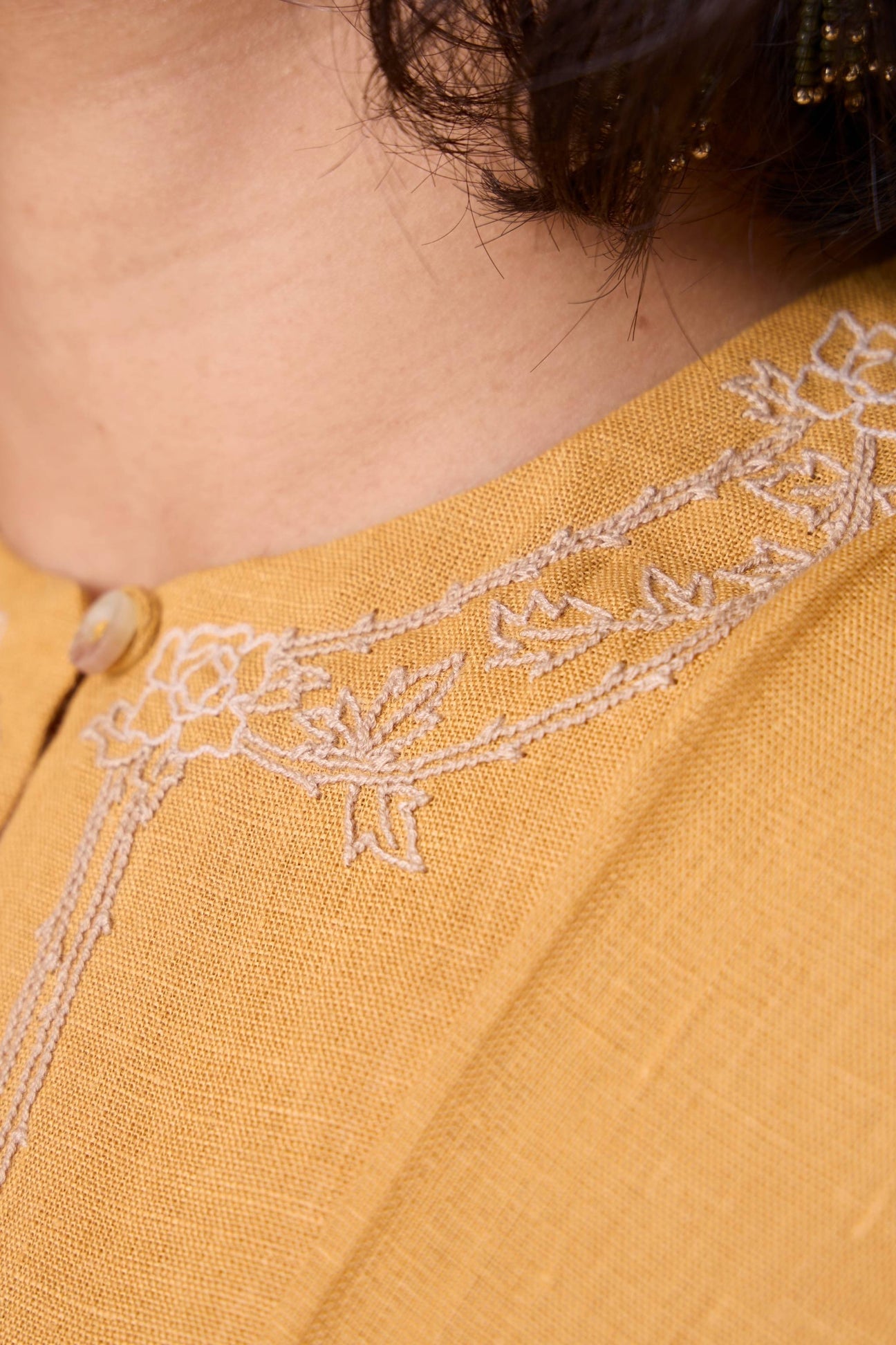 Yarina Yellow Linen Embroidered Dress