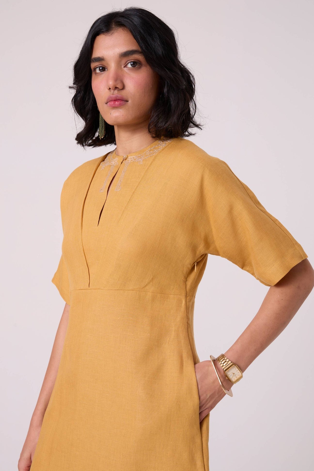 Yarina Yellow Linen Embroidered Dress