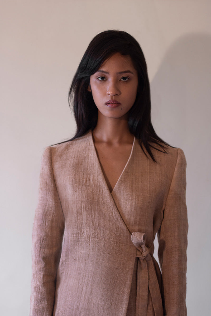 Tea dyed Handwoven Eri Silk Jacket with wrap-over tie-up detail