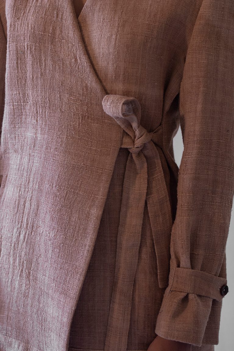 Tea dyed Handwoven Eri Silk Jacket with wrap-over tie-up detail